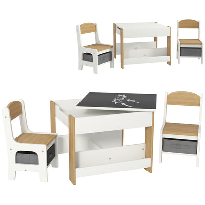 Three-Piece Kids Table and Chair Set with Blackboard, Storage, Bookshelves - Natural Wood