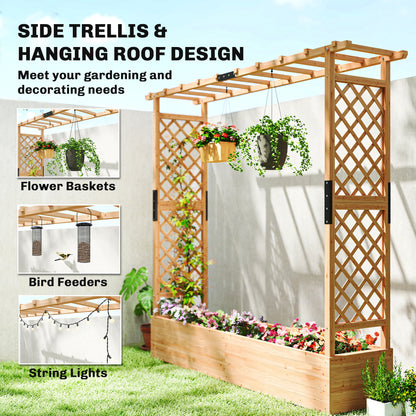 Fir Wood Garden Raised Bed with Double Trellis & Hanging Rails | 171x39cm Planting Bed | 4 Drainage Holes | 10kg Trellis Capacity | 196x44x181cm | Natural Wood Finish