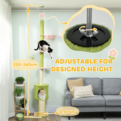 PawHut 220-240 cm Floor to Ceiling Cat Tree Adjustable Height with Hammock, Condo, Scratching Posts, Green