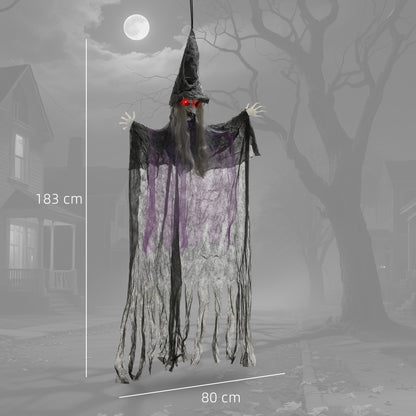 183 cm Life Size Halloween Animated Hanging Witch with Glowing LED Eyes, Spooky Witch Scary Halloween Decorations, Battery Operated, Indoor Party Props
