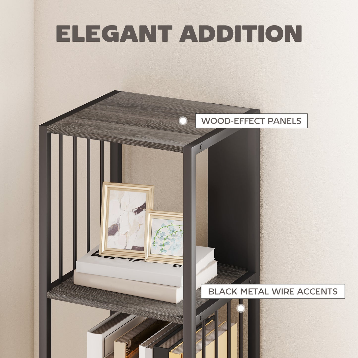 5-Tier Bookshelf with Steel Frame - Grey