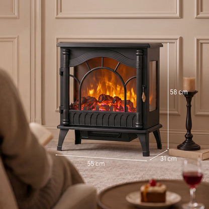 3-Sided Glass Electric Stove Fire | 1000W/2000W Fan Heater, Adjustable Flame Brightness & Thermostat | Freestanding Black | 55 × 31 × 58cm | C Rated