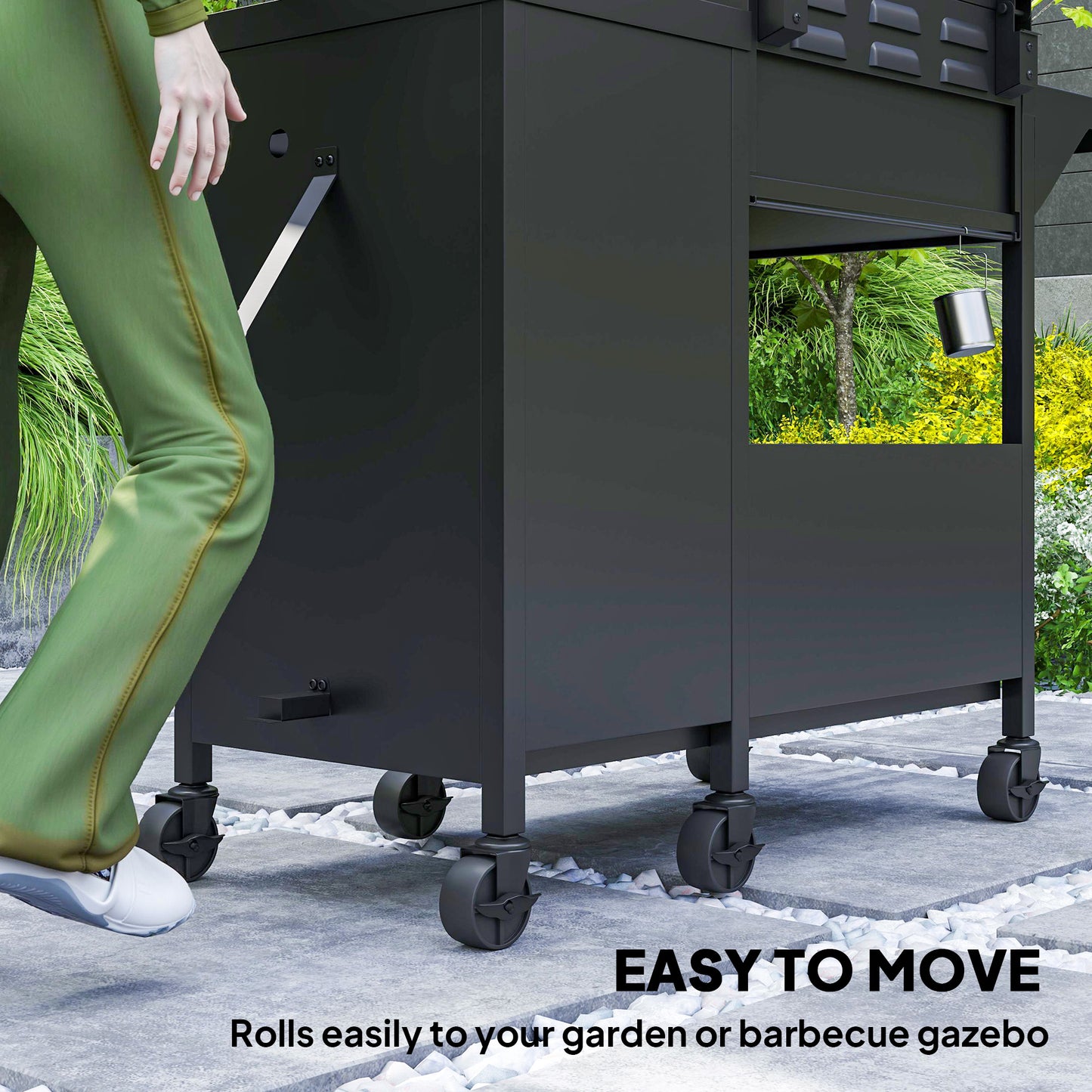 3+1 Burner Gas BBQ Grill with Storage Cabinet and Shelves, 11.6 kW Gas Barbecue Trolley with 6 Castor Wheels, Warming Rack, Thermometer