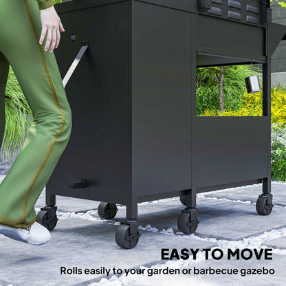 3+1 Burner Gas BBQ Grill with Storage Cabinet and Shelves, 11.6 kW Gas Barbecue Trolley with 6 Castor Wheels, Warming Rack, Thermometer