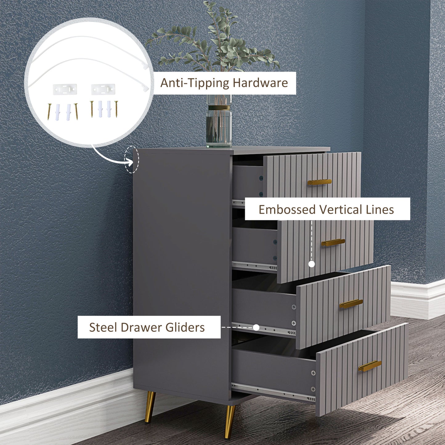 Bedroom Chest of Drawers, Modern 4-Drawer Dresser, Storage Drawer Unit with Aluminium Legs, Dark Grey