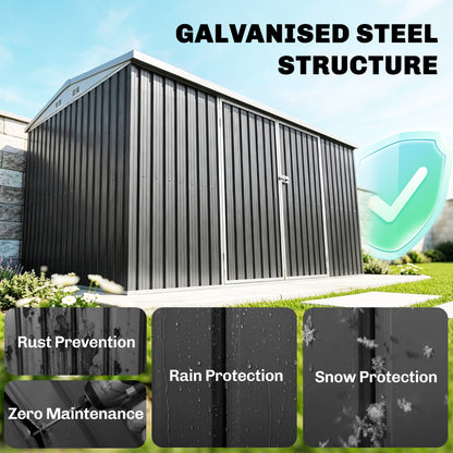 Large Galvanised Steel Garden Storage Shed | 420x245x200cm | 14x8ft | 9.7m² Floor | Sloped Roof | 4 Ventilation Windows | Lockable Door | Foundation Kit | Lock & Gloves Included | Grey