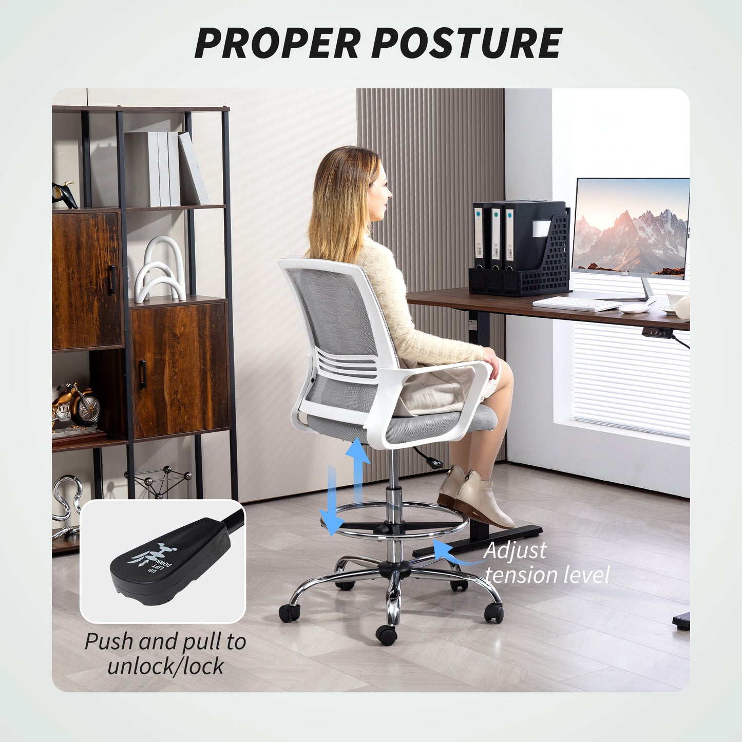 Draughtsman Chair, Mesh Drafting Chair, Ergonomic Office Chair with Lumbar Support, Adjustable Foot Ring, Grey