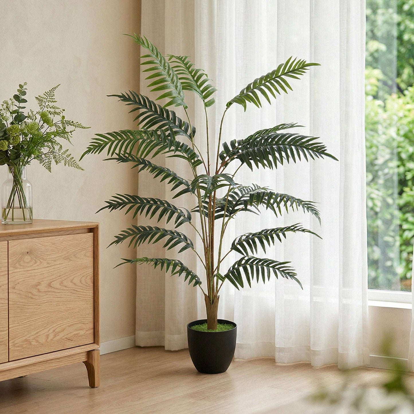Artificial Fern Tree | 120cm | 20 PEVA Fronds | Soft-Touch | Shapeable Stems | Cement Pot | Soil Effect | No Maintenance | Green