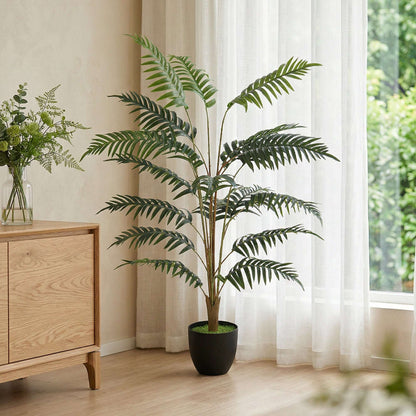 Artificial Fern Tree | 120cm | 20 PEVA Fronds | Soft-Touch | Shapeable Stems | Cement Pot | Soil Effect | No Maintenance | Green