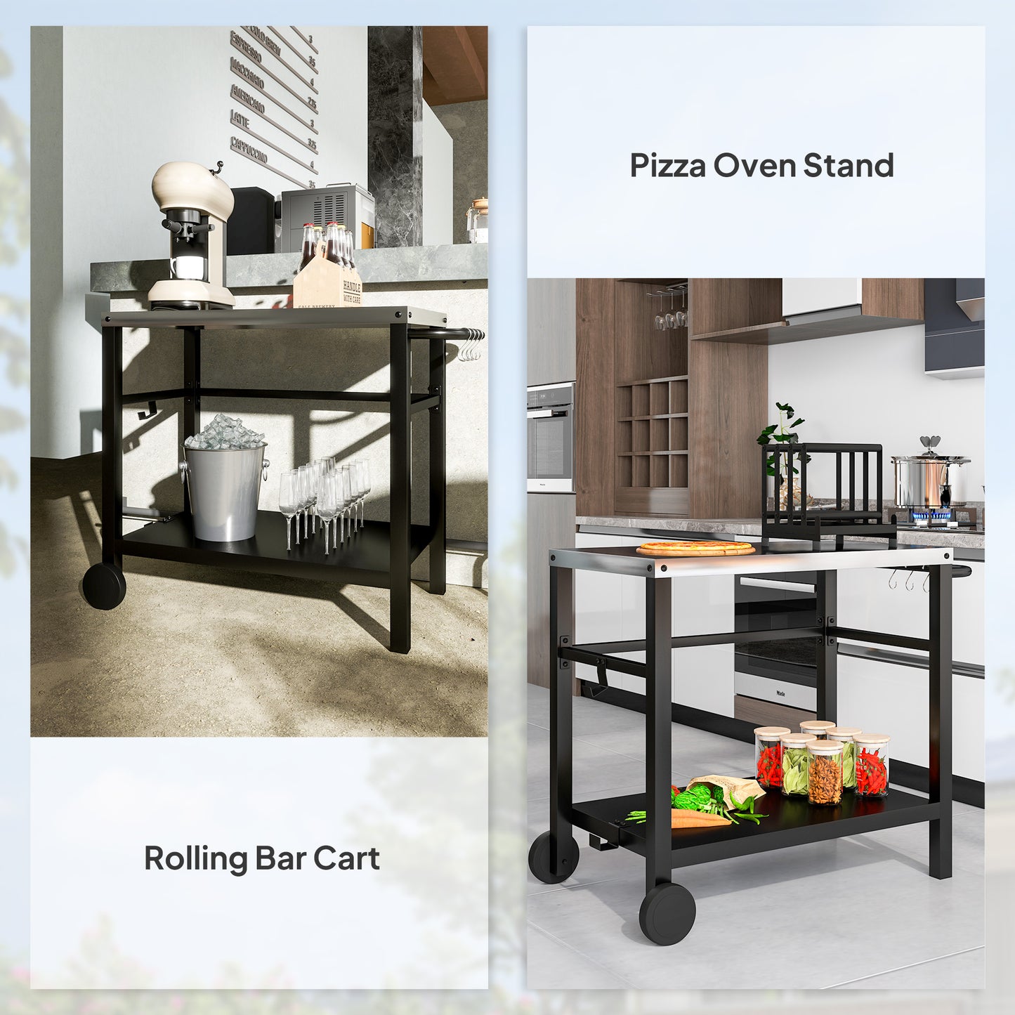 Outsunny Outdoor Grill Dining Cart 2-Shelf Movable Pizza Oven Table Stand with Stainless Steel Top, Portable BBQ Trolley Food Prep Outdoor Kitchen BBQ Station