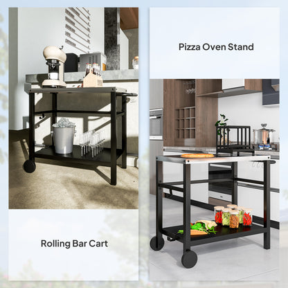 Outsunny Outdoor Grill Dining Cart 2-Shelf Movable Pizza Oven Table Stand with Stainless Steel Top, Portable BBQ Trolley Food Prep Outdoor Kitchen BBQ Station