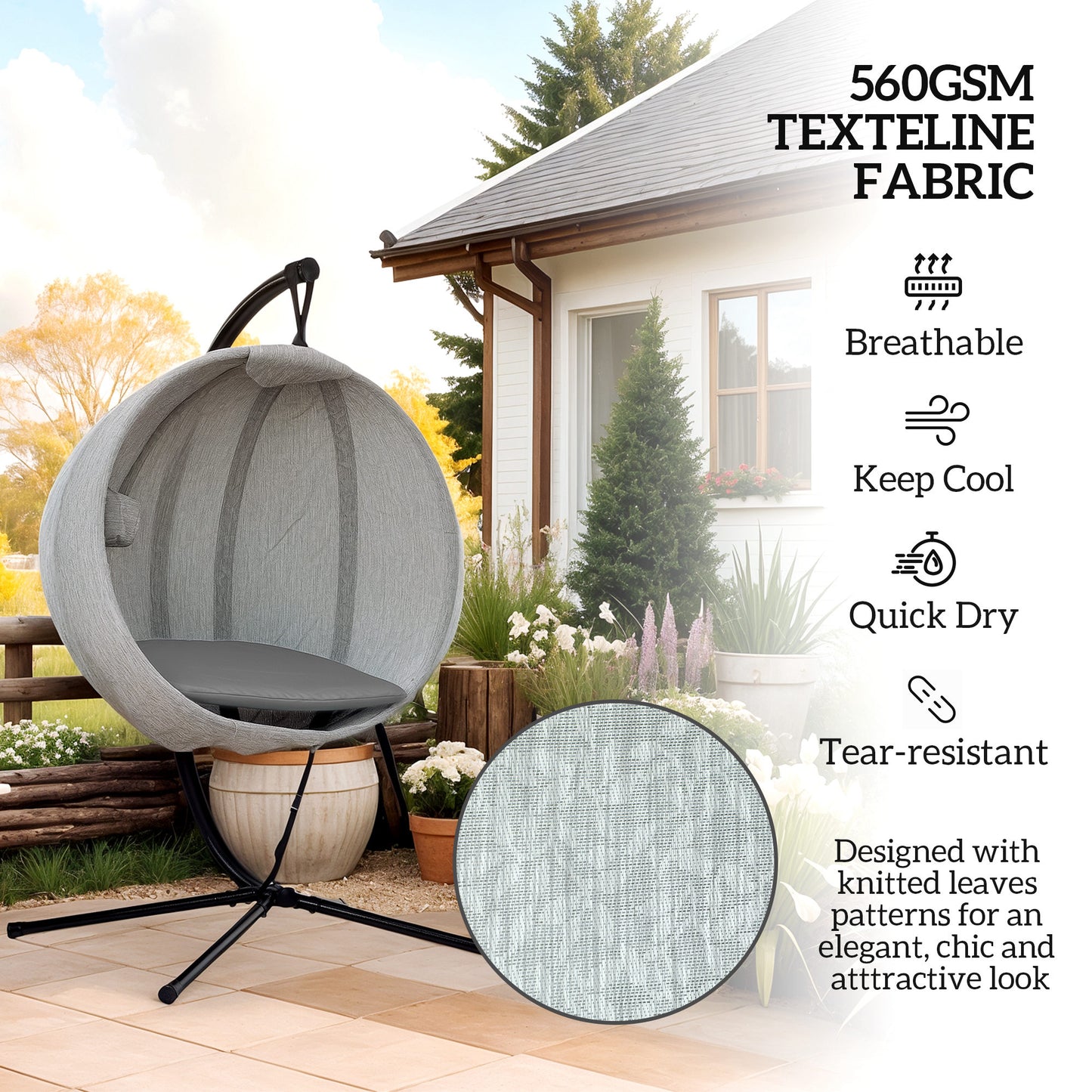 Hanging Egg Swing Chair Outdoor Indoor Garden with Folding Basket, Garden Hanging Chair with Stand, Thickened Cushion, Cup Holder for Patio, Balcony,