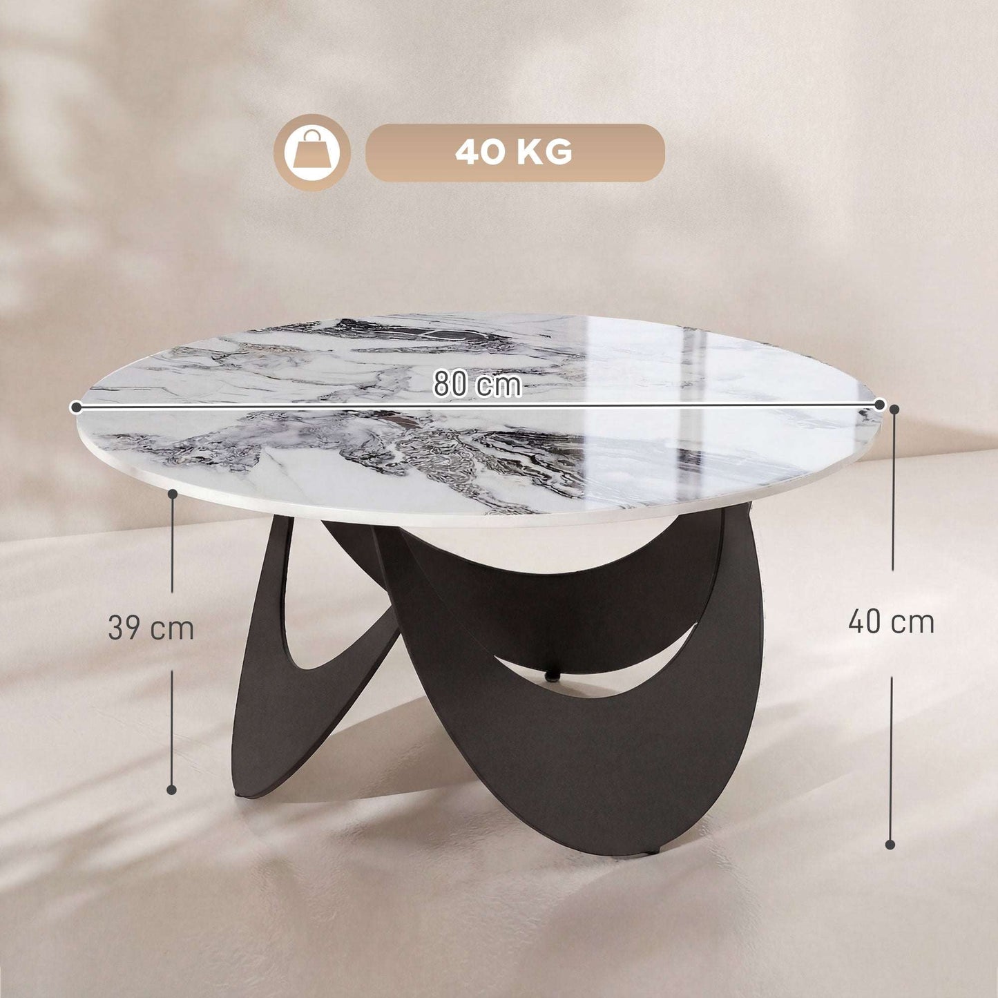 Sintered Stone Coffee Table | 80x80x40cm | Heat-Resistant | Impermeable | Welded Metal Frame | Adjustable Feet | White & Black