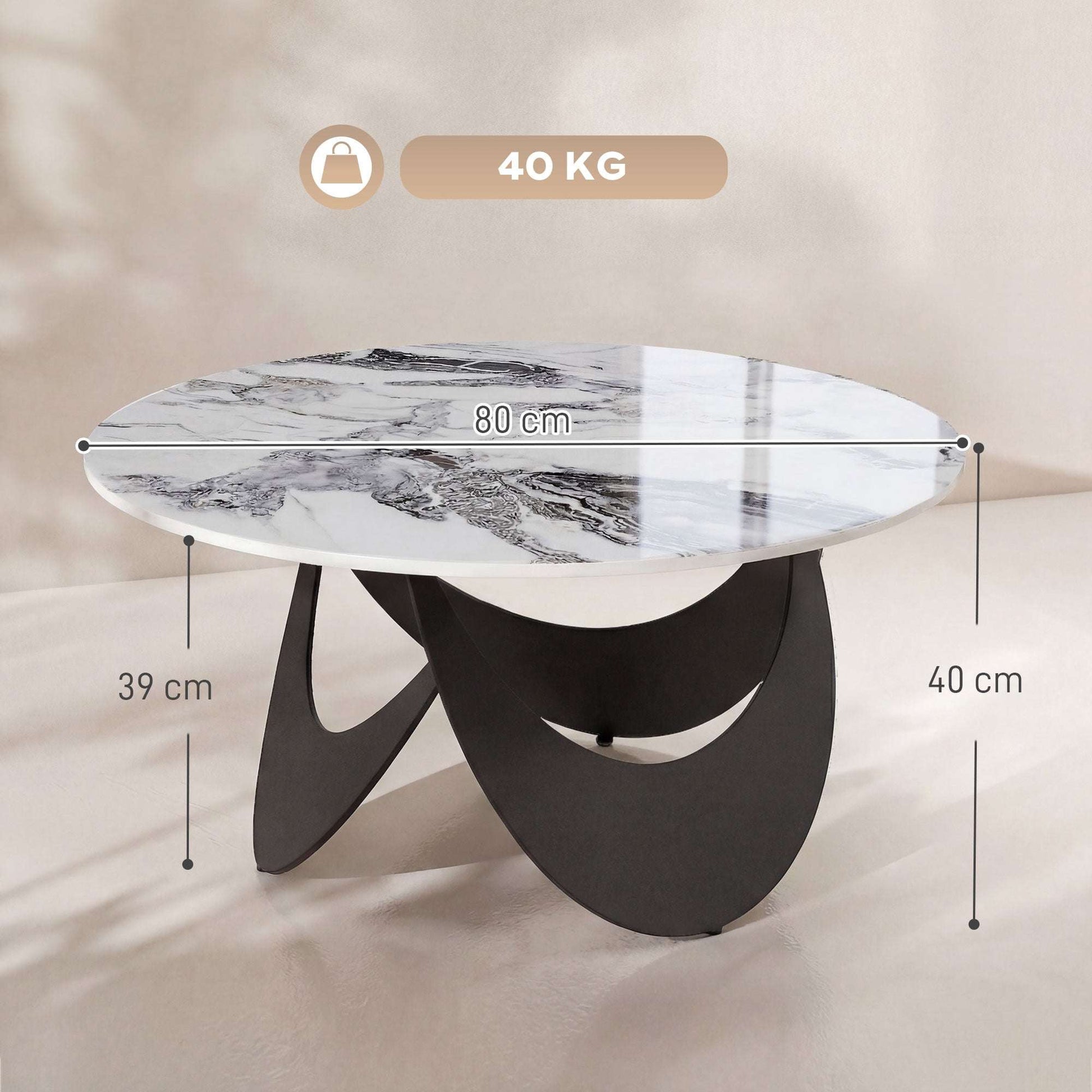 Sintered Stone Coffee Table | 80x80x40cm | Heat-Resistant | Impermeable | Welded Metal Frame | Adjustable Feet | White & Black