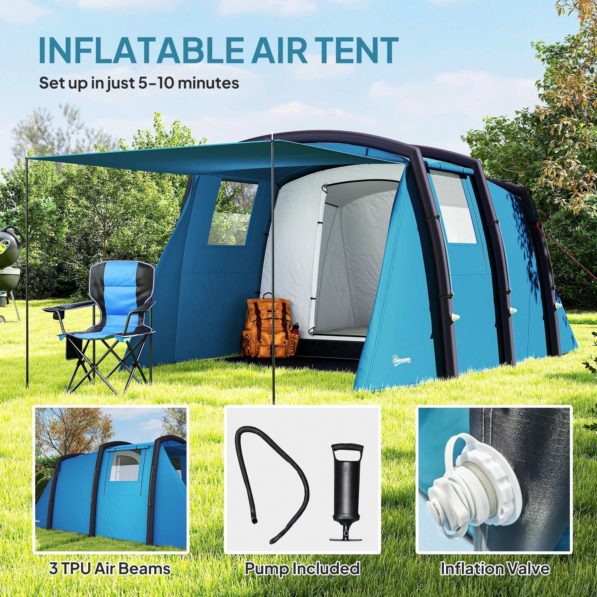 Inflatable 3-4 Man Tunnel Tent w/ Air Pump, Living Area & Vestibule, Waterproof Family Camping Air Tent, Hiking, Blue