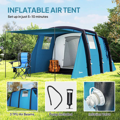 Inflatable 3-4 Man Tunnel Tent w/ Air Pump, Living Area & Vestibule, Waterproof Family Camping Air Tent, Hiking, Blue