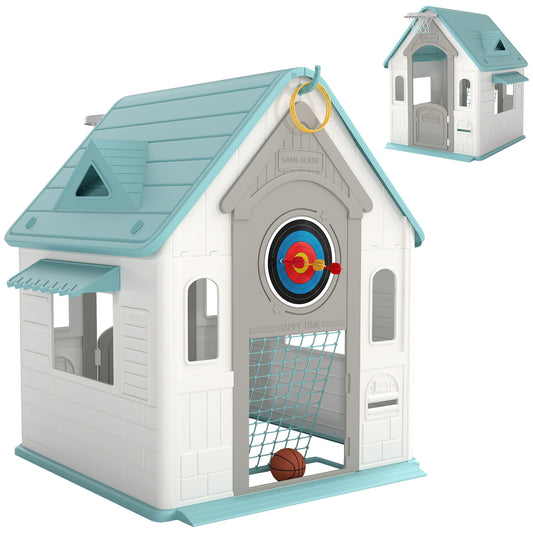 AIYAPLAY 5-in-1 Playhouse for Kids Outdoor Indoor with Basketball Hoop, Football Goal, Dartboard, Ring Toss for 2-5 Years, Beige / Pink