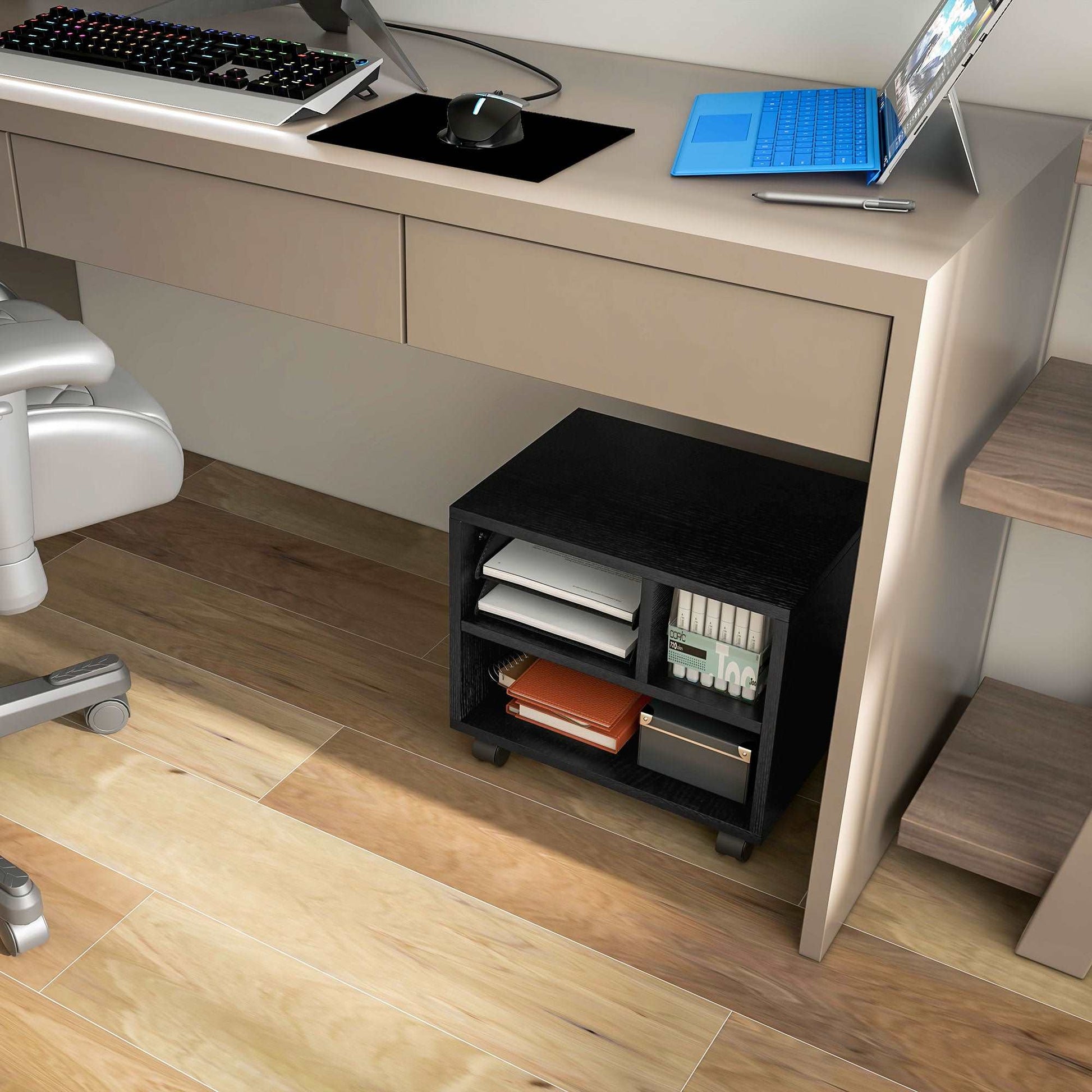 2-Tier Printer Stand with Storage, Under Desk Printer Cart on Wheels with 3 Compartments, Desktop Printer Table for Home Office, Black