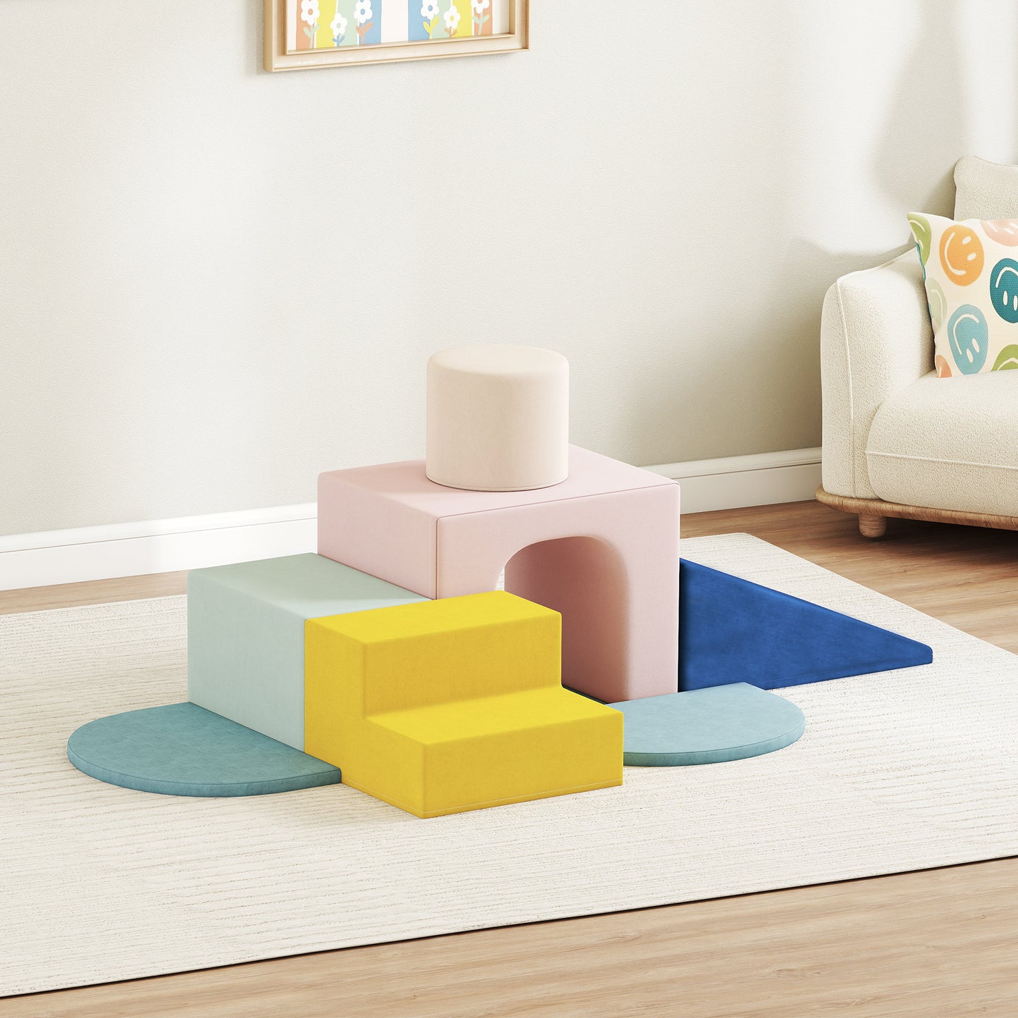 Kids 8-Piece Soft Play Foam Block Set | Climb Crawl & Build | Washable Velvet Covers | Hidden Zippers | Indoor Toddler Gym | Ages 6-36 Months | Multicolour