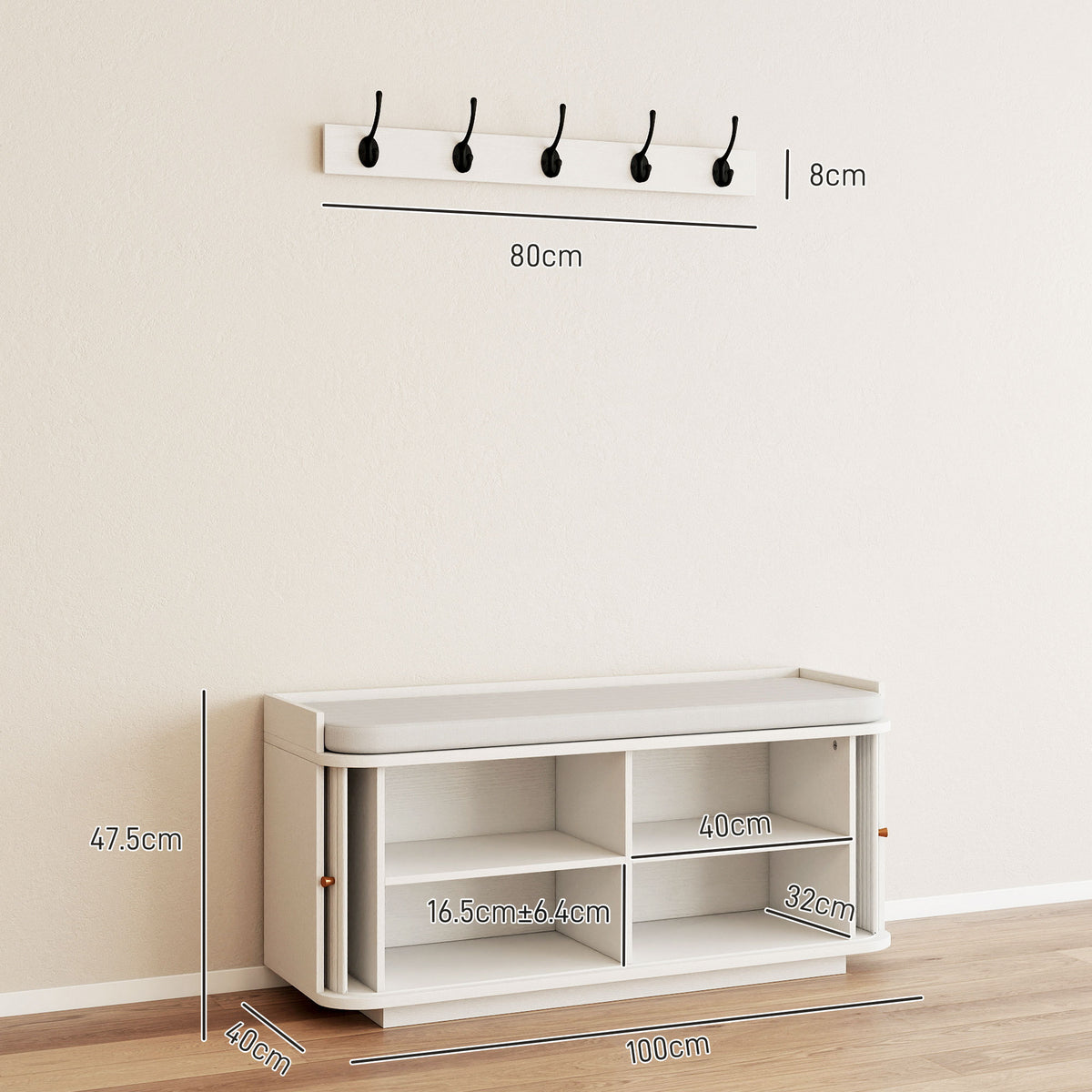 2-Piece Hallway Set | Shoe Bench 100x40x47.5cm 140kg Seat | Tambour Door | 2 Adjustable Shelves | Wall Coat Rack 80cm | 5 Alloy Hooks 10kg | 2 Wall Anchors | MDF | Entryway | White