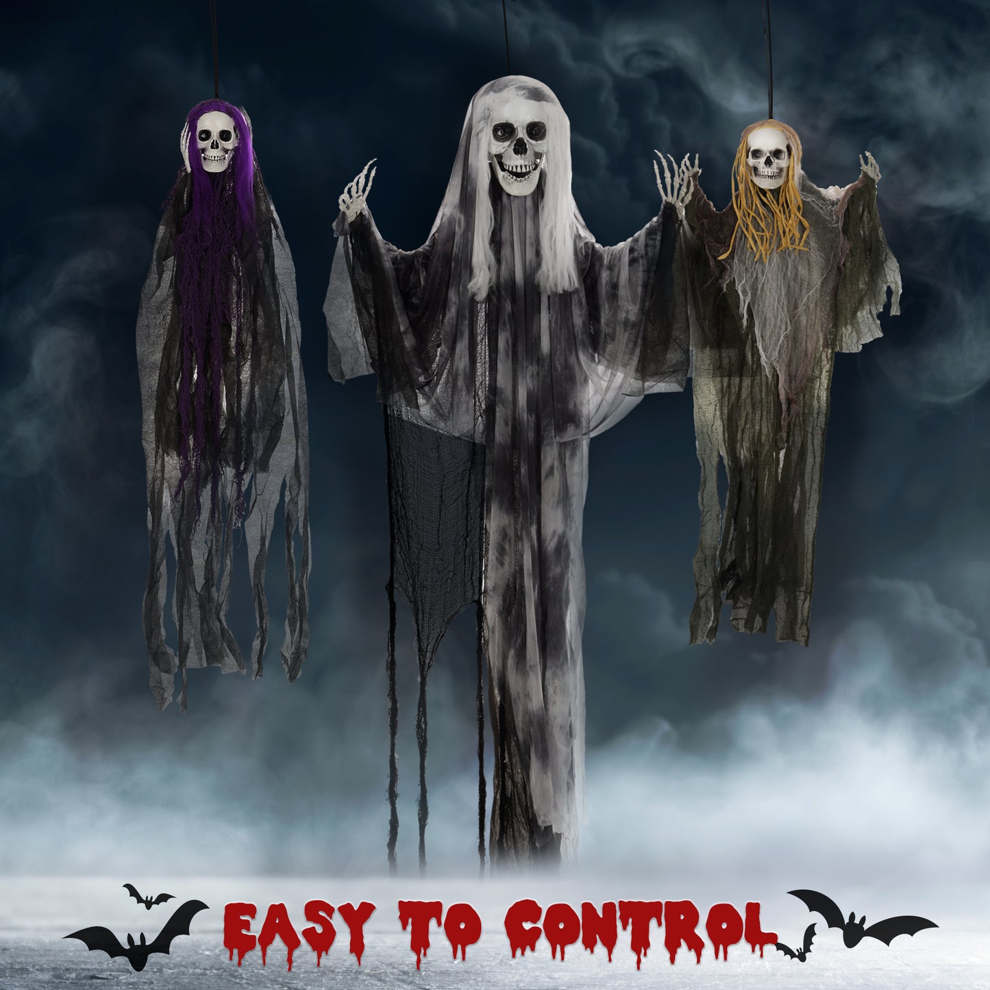 Set of 3 Hanging Skeleton Halloween Decorations, Scary Flying Ghost for Garden, Party, 90/110/170cm