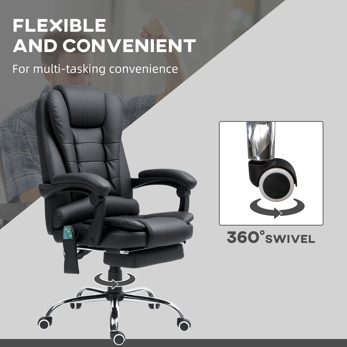 Heated Massage Executive Office Chair | 6 Point Vibration | High Back PU Leather | 135° Recline & Footrest | 360° Swivel | 45-52cm Height | 113kg | Black