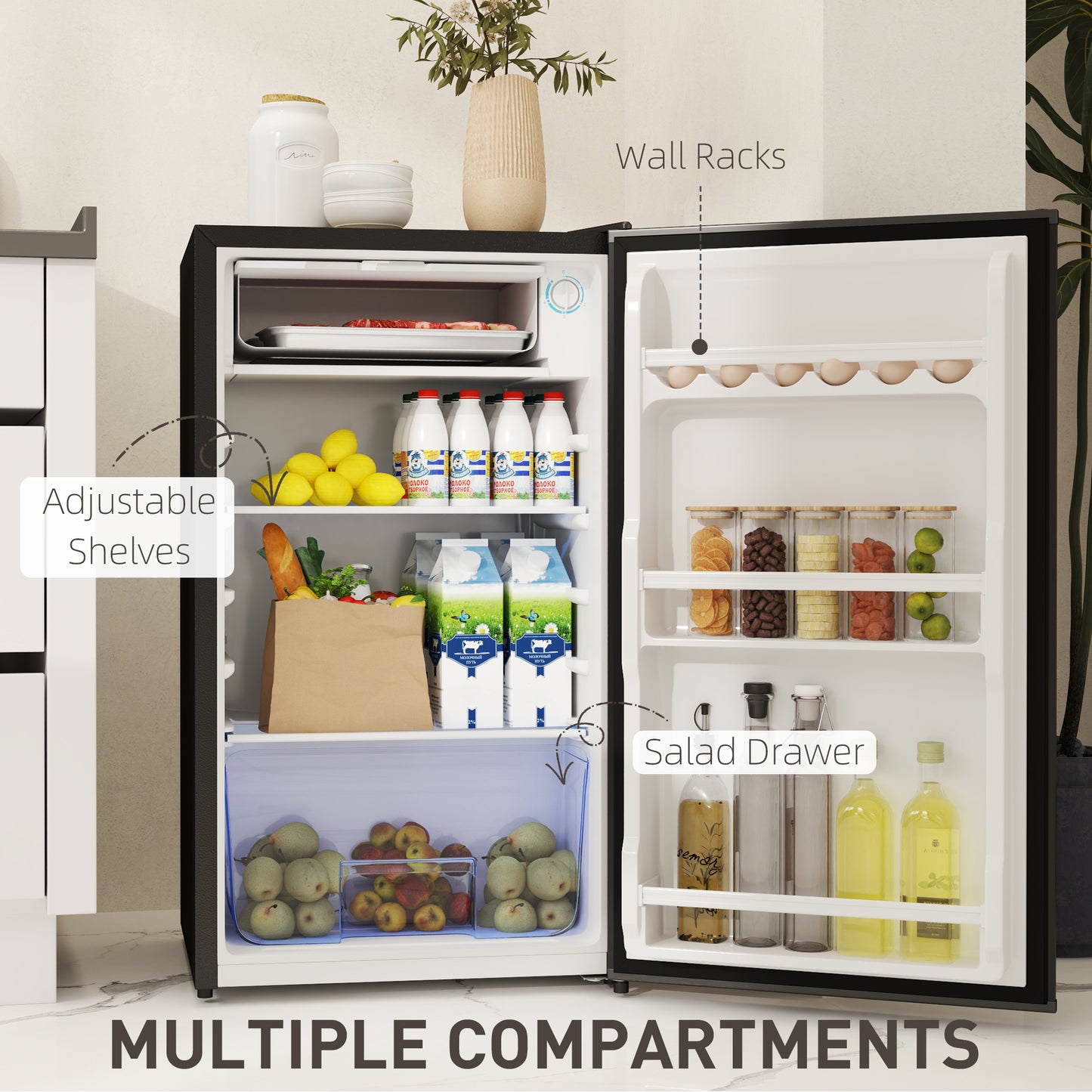 91L Freestanding Under-Counter Fridge Freezer with Lock - Black
