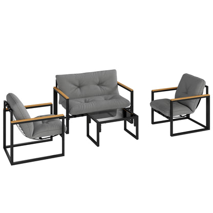 4-Piece Garden & Conservatory Furniture Set | Loveseat | 2 Armchairs | Glass Coffee Table | 15cm Cushions | Wood-Grain Armrests | 240kg | Light Grey