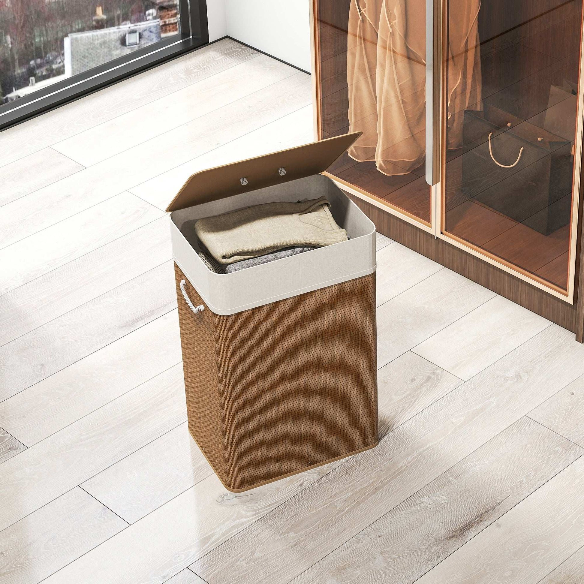 Bamboo Bathroom Washing Laundry Basket with Lid, 72L Laundry Hamper with Rope Handles for Bathroom, Bedroom, Brown