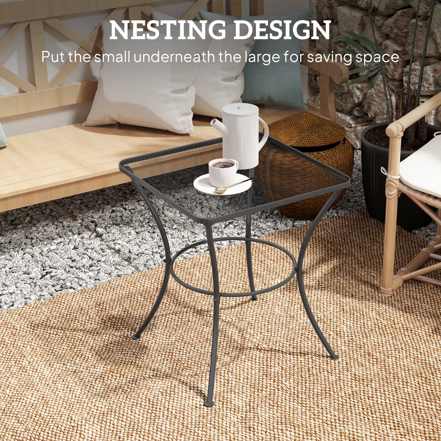 60cm Square Garden Table, Outdoor Metal Bistro Side Desk with Mesh Top, Black