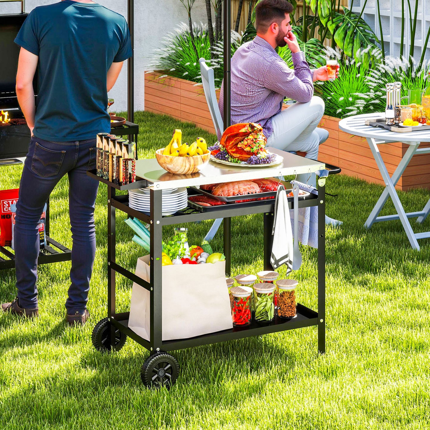 BBQ Trolley with Stainless Steel Top Adjustable Shelf, Outdoor Kitchen BBQ Station with Hooks Seasoning Tray Towel Rack, Pizza Oven Table