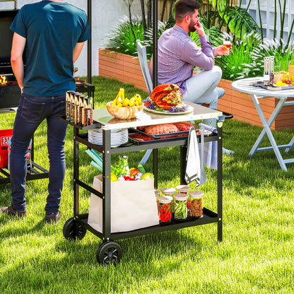 BBQ Trolley with Stainless Steel Top Adjustable Shelf, Outdoor Kitchen BBQ Station with Hooks Seasoning Tray Towel Rack, Pizza Oven Table