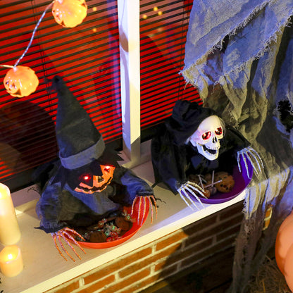 2 Pieces Animated Halloween Skull Bowl, Skeleton Ghost Skull Candy Dish with LED Eyes, Moving Body and Creepy Sound for Party Decoration, Festival Haunted Houses