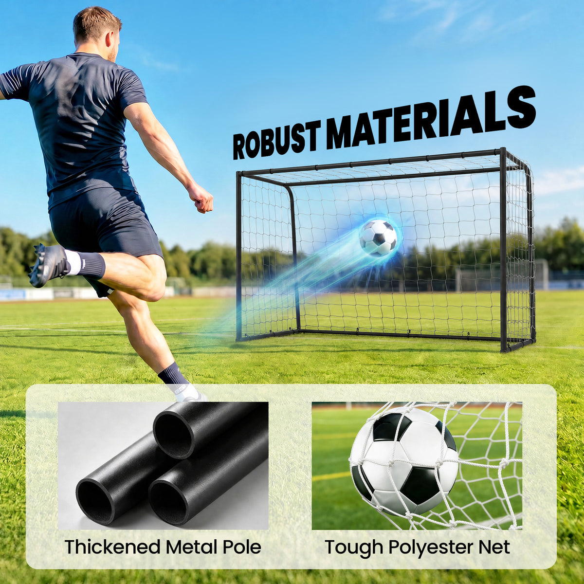 SPORTNOW Football Goal | Black & White | 6x4ft 180x90x122cm | 32mm Metal Frame | Polyester Net 10x10cm Mesh | 22 Bungee Cords | 4 Ground Stakes | Indoor Outdoor | Age 5+