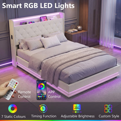 4ft6 Double Ottoman Bed Frame | Hydraulic Storage, RGB LED Headboard Lights & USB Charging | Cream White or Black