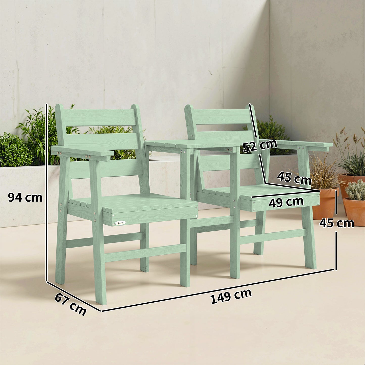 Jack & Jill Garden Loveseat | Embossed Fir Wood | Integrated Centre Table | Angled Backrest & Smooth Armrests | Slatted Quick-Drain Design | 300kg Total Capacity | 149x67x94cm | Green