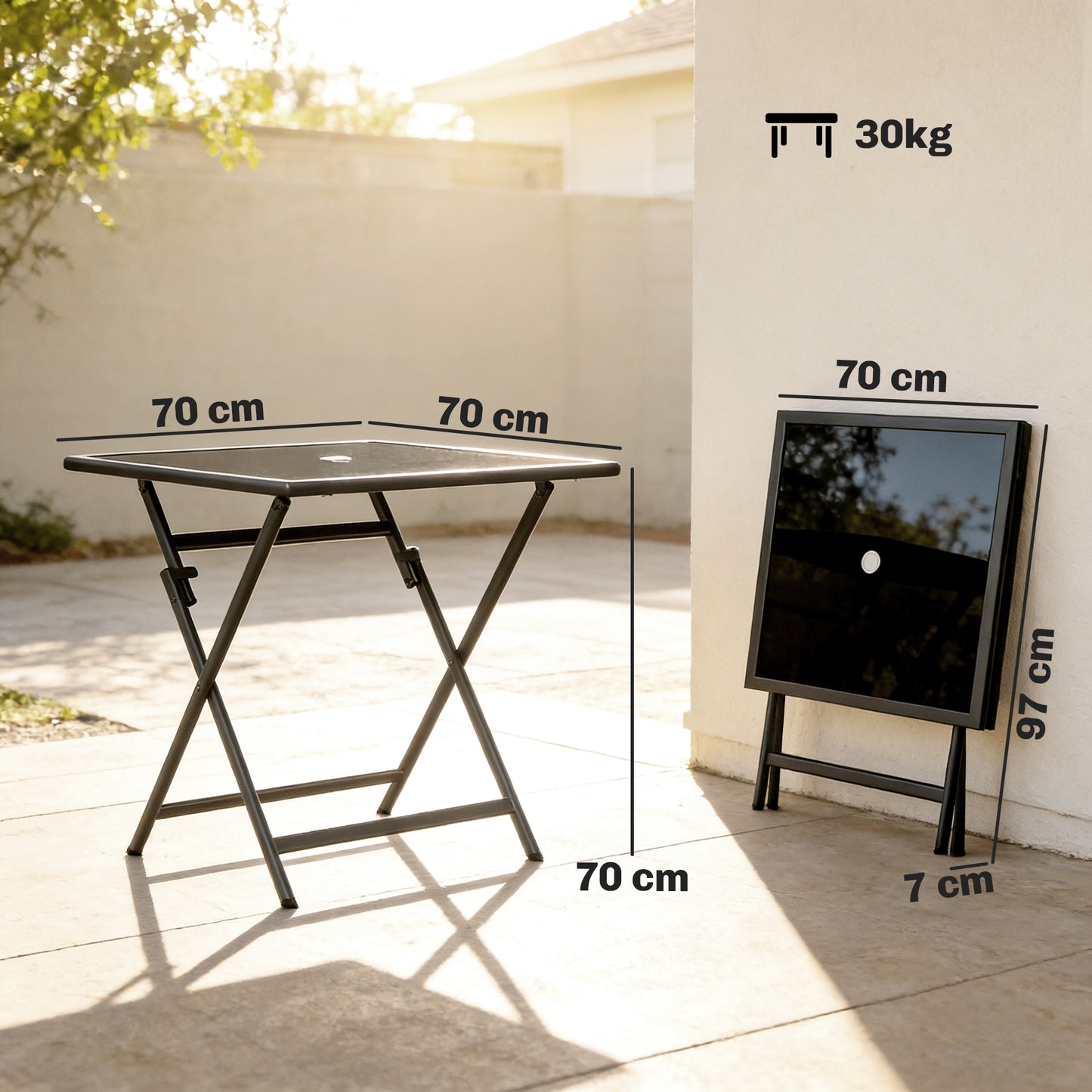 Folding Square Garden Dining Table | Tempered Glass Top | Parasol Hole | 70x70x70cm | Black