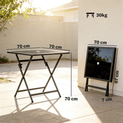 Folding Square Garden Dining Table | Tempered Glass Top | Parasol Hole | 70x70x70cm | Black