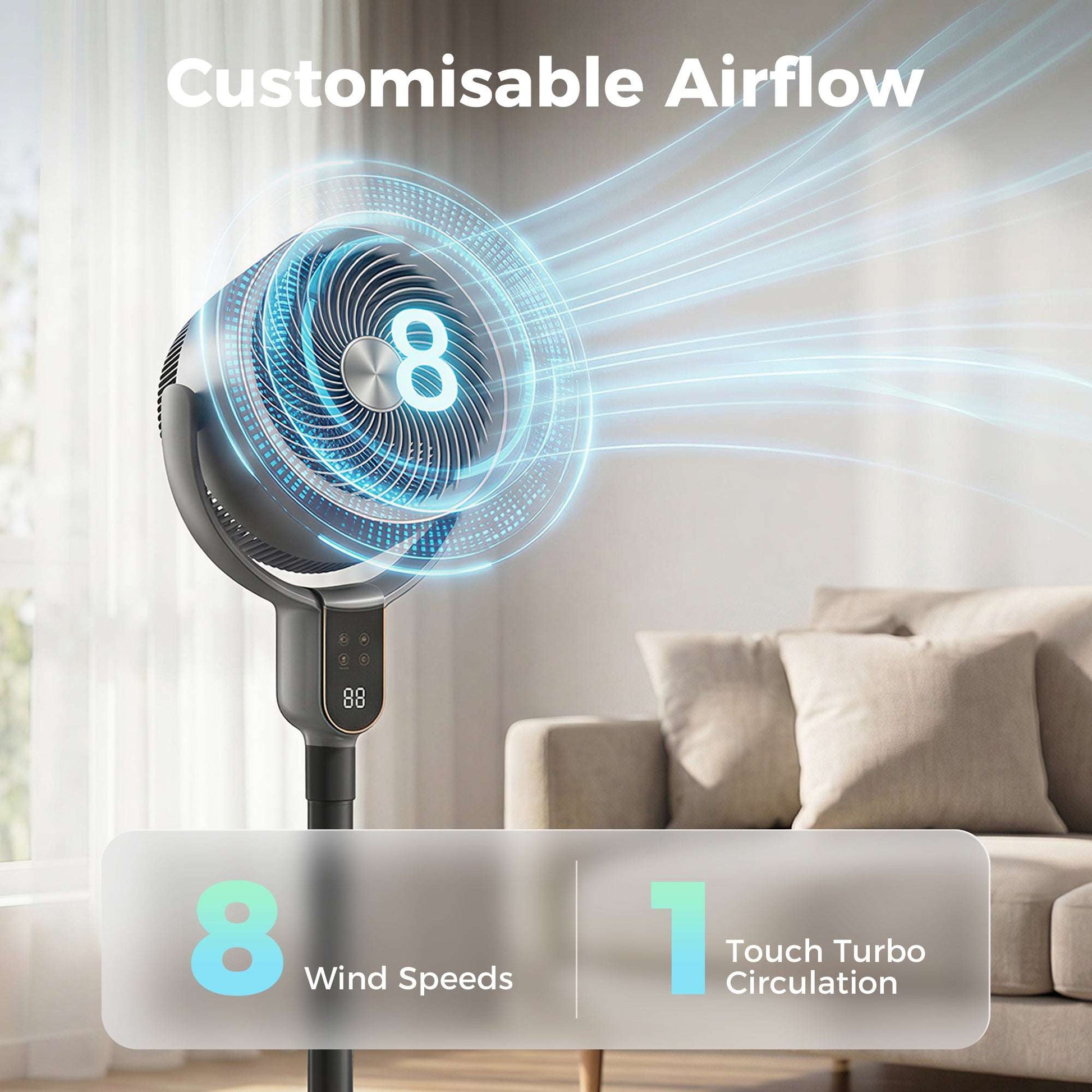 Pedestal Standing Fan | Turbo Mode | 20dB Sleep Mode | 8 Speeds | 16m³/min Airflow | 90° Oscillation | Aromatherapy Pad | Detachable Washable Grill | 5m Remote | 12H Timer | 50W | 83-107cm | Grey