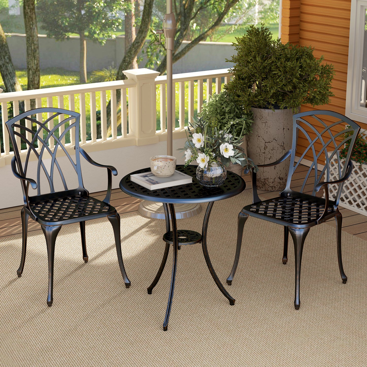 Outsunny 3 Pieces Garden Dining Set for 2, Cast Aluminium Outdoor Garden Furniture Dining Set with 2 Armchairs and Round Table