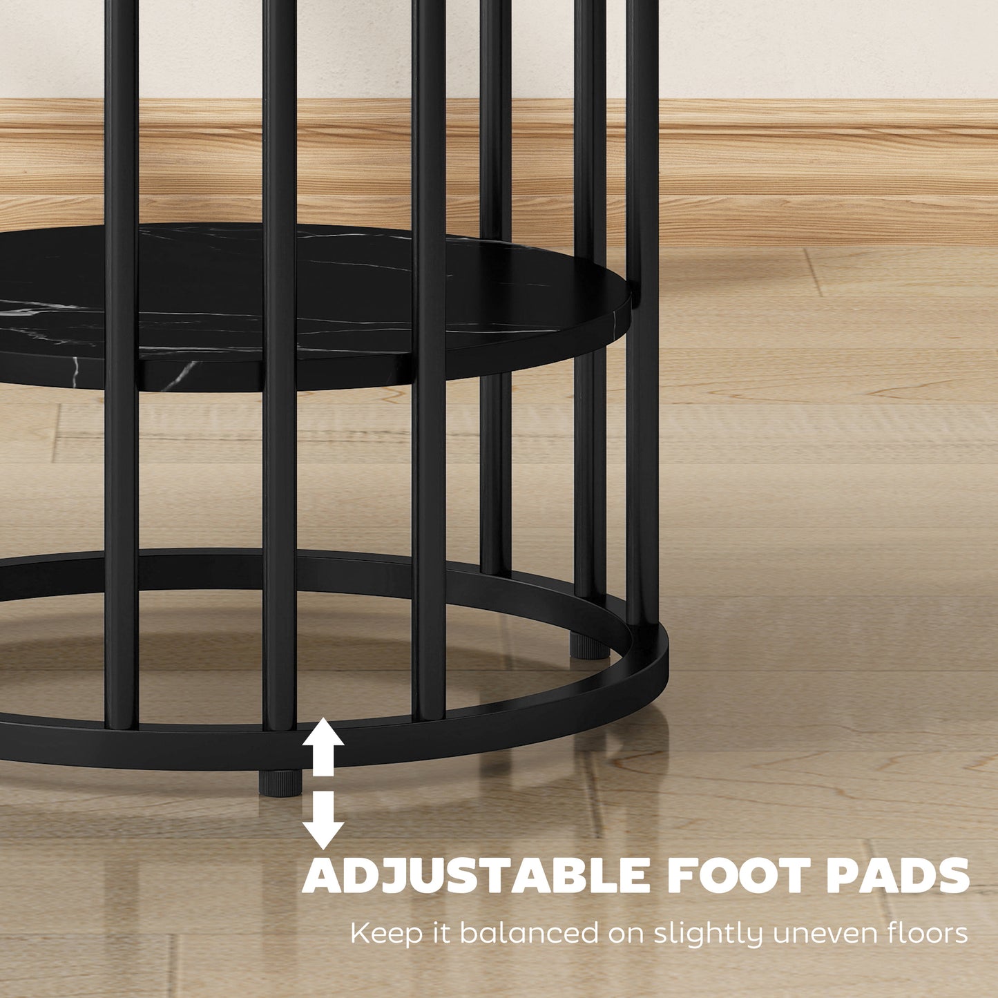 Set of 2 Marble-Effect Nest of Coffee Tables | 2-Tier Each | Adjustable Feet | Steel Frame | 45kg | Use Together or Separately | Black