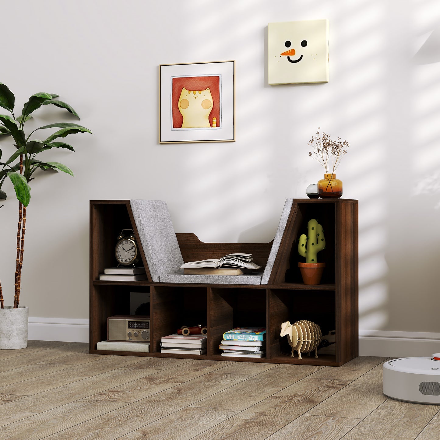 Bookcase Storage Shelf with Cushioned Reading Seat, Cube Bookshelf Organizer for Bedroom Living Room, Chestnut