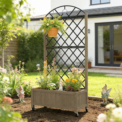 Raised Garden Bed with Metal Trellis | Wooden Elevated Planter Box | 50L Soil Capacity | 4 Wheels 2 Lockable | 30kg Max Load | 72x36x168cm | Carbonised Finish