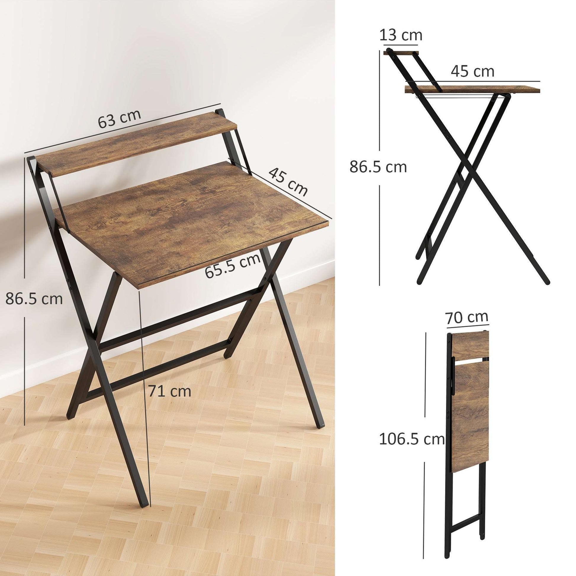 70 cm Folding Computer Desk with Monitor Shelf - Rustic Brown