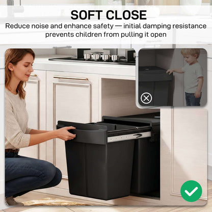 Under-Sink Pull-Out Kitchen Bin | Dual 20L Compartments 40L Total | Damped Smooth-Glide Runners | Frosted Lid Doubles as Shelf | Removable Buckets with Handles | Steel Frame | Pre-Assembled | 52x33.5x41cm | Black