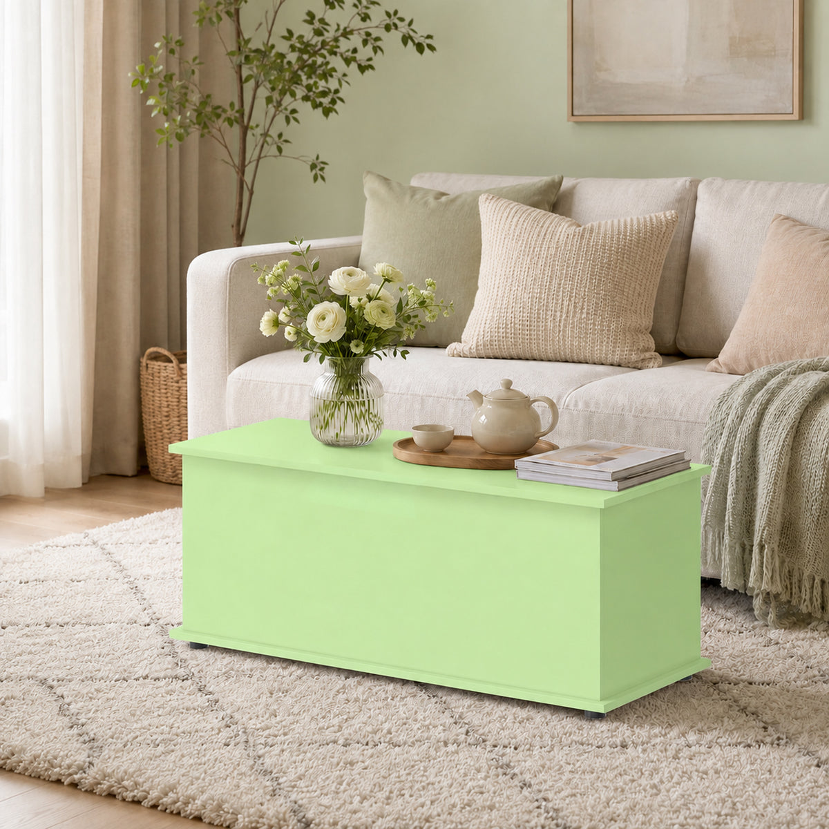 114L Green Storage Chest Bench | Wooden Blanket Box | Safety Hinge | 120kg Seat Capacity | Bedroom, Hallway & Living Room