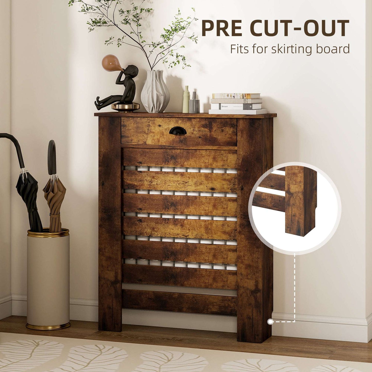 MDF & Particle Board Radiator Cover with 1 Drawer | Slatted Design | Skirting Board Cut-Outs | Easy-Fix Clips | Wood-Effect Top | 5kg Drawer Capacity | 78x19x95.5cm | Rustic Brown