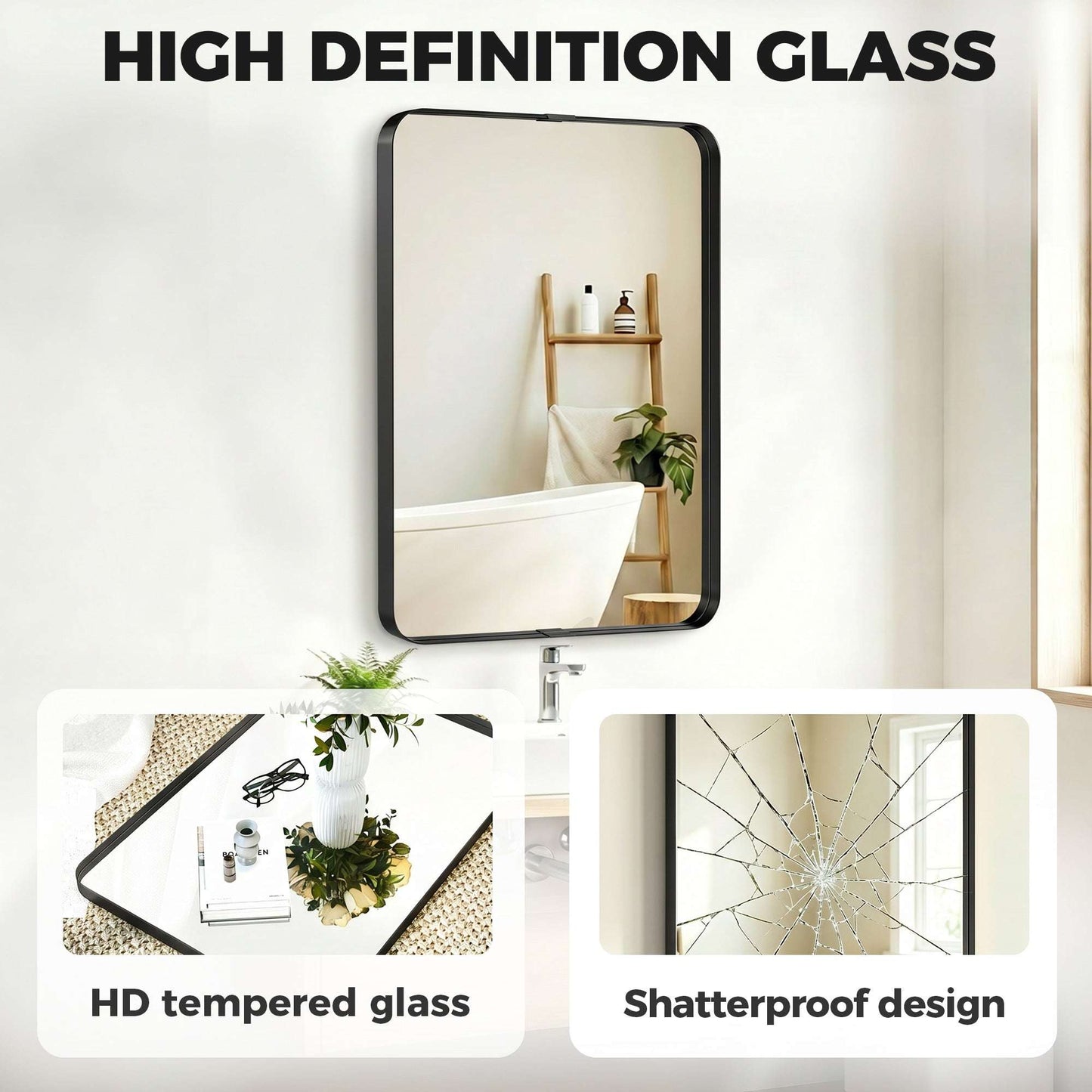 Rectangular Wall Mirror | Shatterproof Tempered Glass | Anodised Aluminium Alloy Frame | 4cm Deep 3D Effect | Soft Rounded Corners | No Assembly | 60x4x90cm | Black