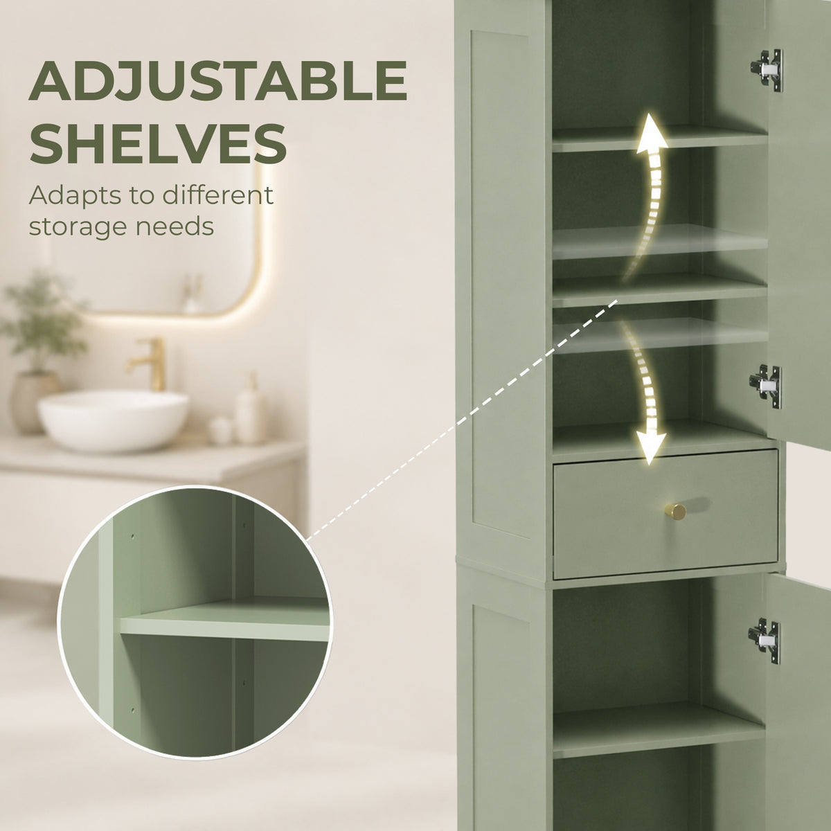 Tall Slim Bathroom Cabinet | Light Green | Particleboard MDF | 40x29.5x170cm | 2 Cupboards Drawer | Adjustable Shelf | Arched Doors Gold Knobs | Melamine | Anti-Tip Kit | 75kg