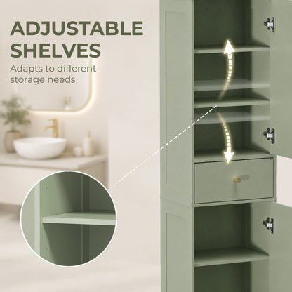 Tall Slim Bathroom Cabinet | Light Green | Particleboard MDF | 40x29.5x170cm | 2 Cupboards Drawer | Adjustable Shelf | Arched Doors Gold Knobs | Melamine | Anti-Tip Kit | 75kg